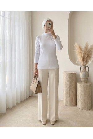 Dik Yaka Uzun Kol İçlik Bluz -Beyaz