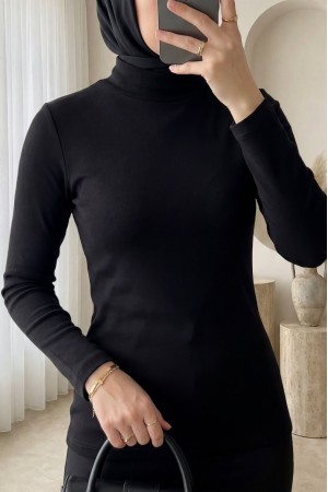 Dik Yaka Uzun Kol İçlik Bluz -Siyah
