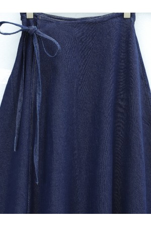 تنورة جينز مزدوجة الطبقات مع حزام خصر برباط جانبي. -ورنيش غامق