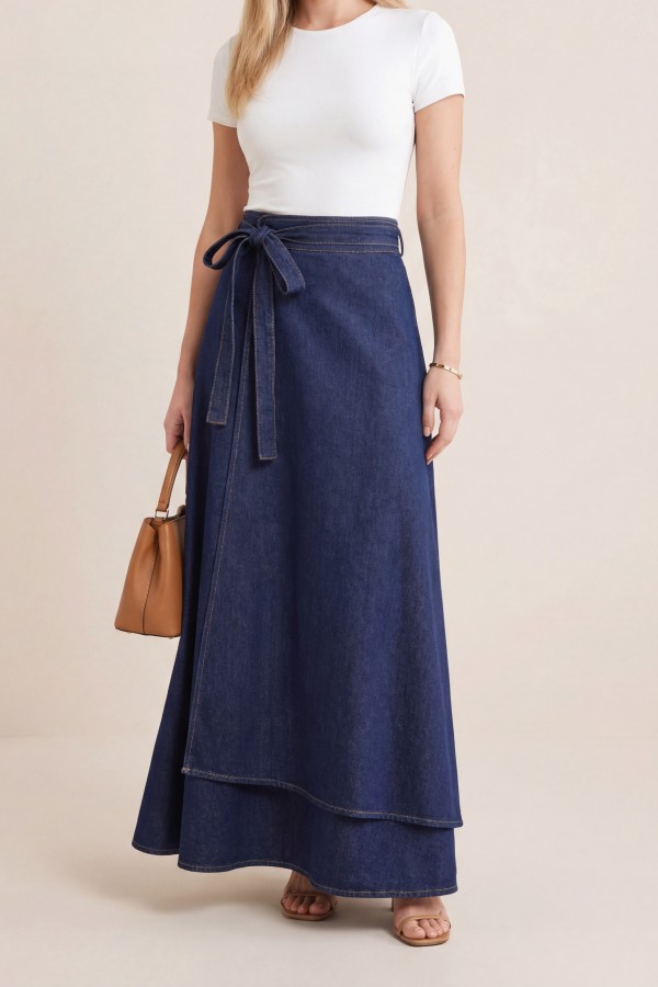 Double-layered denim skirt with side tie waistband. -dark lacquer
