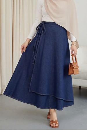 Önü Çift Kat Beli Yandan Bağlamalı Kot Etek -K.Laci