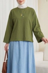 Önü Çiçek Nakışlı Yuvarlak Yaka Salaş Penye Tunik  -Yeşil