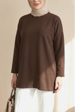 Eteği Kalp Detaylı Yırtmaçlı Salaş Penye Tunik -Kahve