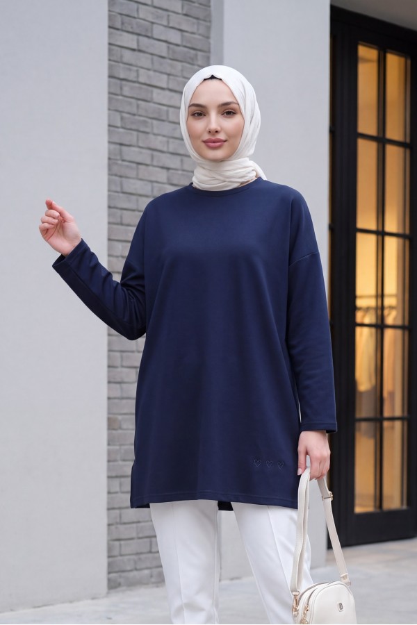 Eteği Kalp Detaylı Yırtmaçlı Salaş Penye Tunik -Laci