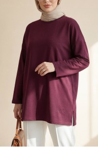 Eteği Kalp Detaylı Yırtmaçlı Salaş Penye Tunik -Mürdüm