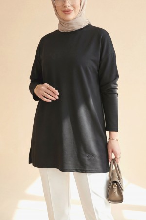 Eteği Kalp Detaylı Yırtmaçlı Salaş Penye Tunik -Siyah