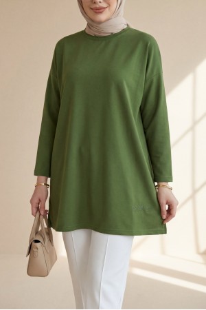 Eteği Kalp Detaylı Yırtmaçlı Salaş Penye Tunik -Yeşil