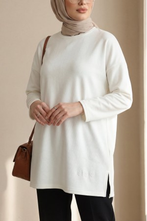 Eteği Kalp Detaylı Yırtmaçlı Salaş Penye Tunik  -Ekru