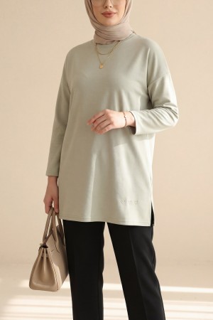 Eteği Kalp Detaylı Yırtmaçlı Salaş Penye Tunik  -Taş