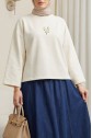 Round Neck Loose Fit Jersey Blouse with Floral Embroidery on the Front -Ecru