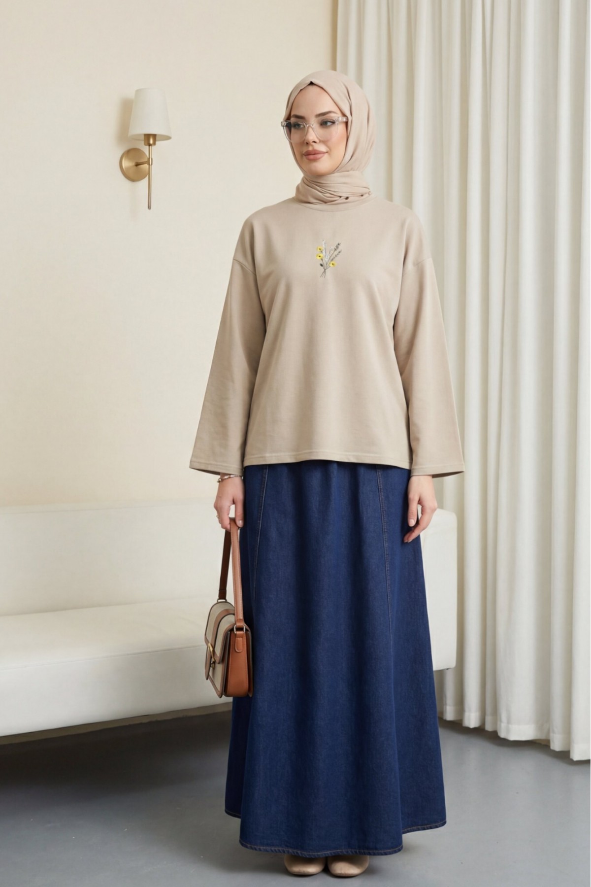 Round Neck Loose Fit Jersey Blouse with Floral Embroidery on the Front  -Stone