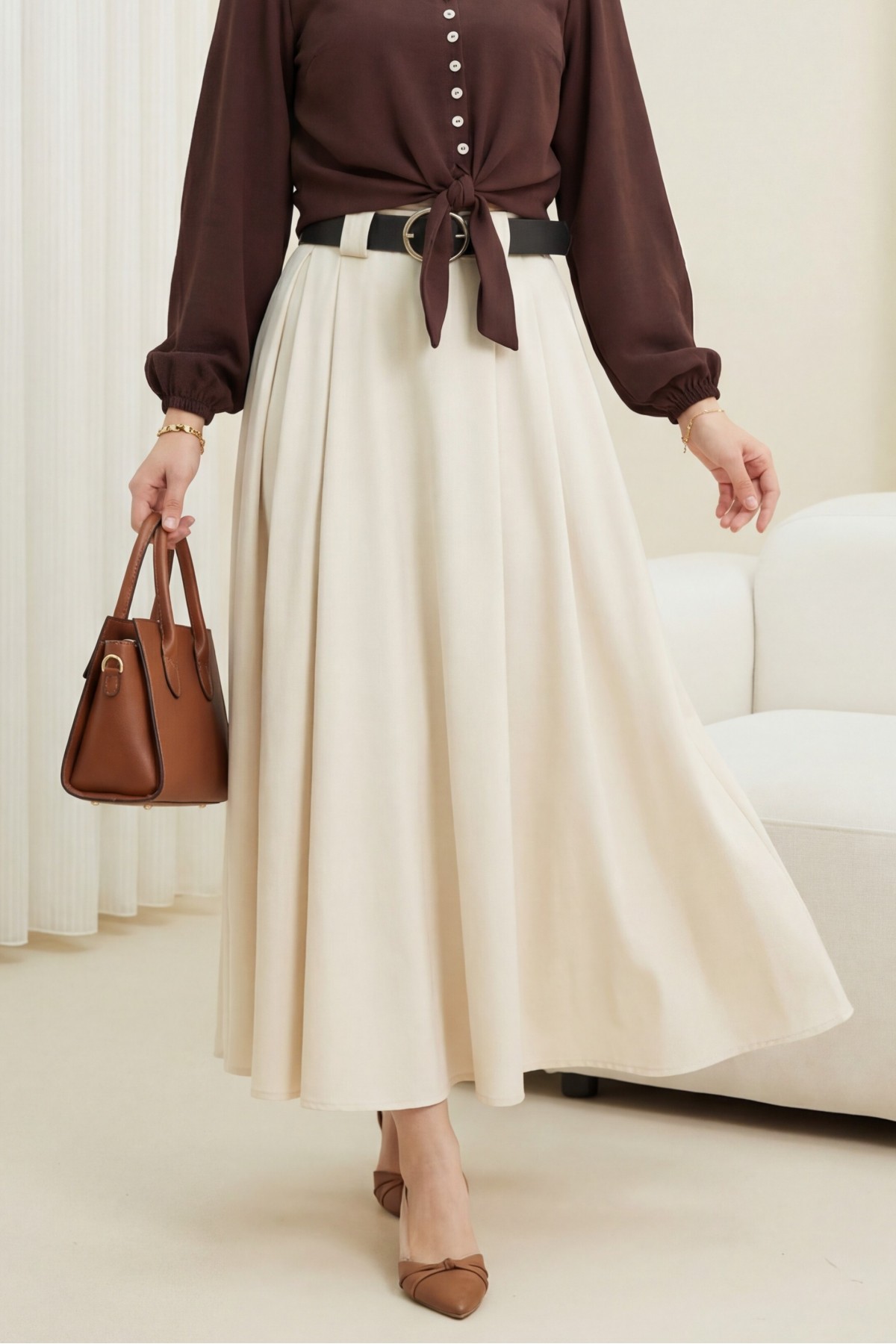 Thick Belted, Pleated Front, Side Pockets, Zippered Twill Skirt - Beige