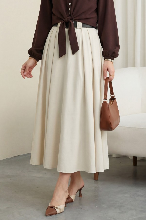 Thick Belted, Pleated Front, Side Pockets, Zippered Twill Skirt - Beige