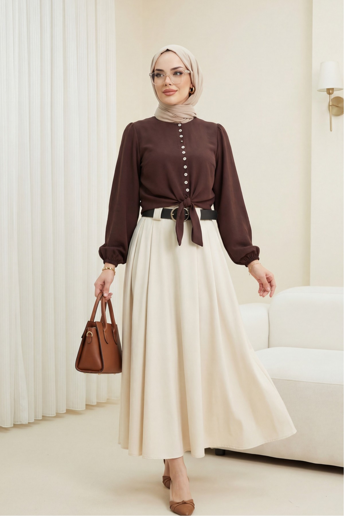 Thick Belted, Pleated Front, Side Pockets, Zippered Twill Skirt - Beige