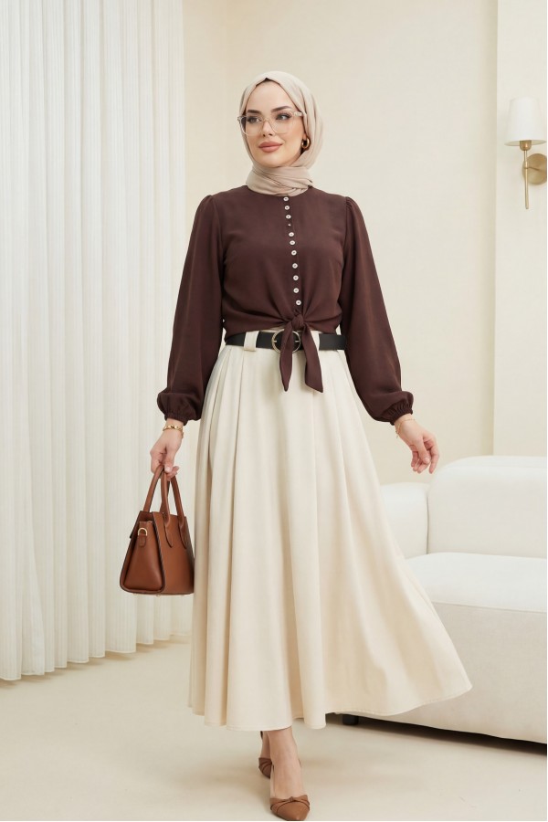 Thick Belted, Pleated Front, Side Pockets, Zippered Twill Skirt - Beige