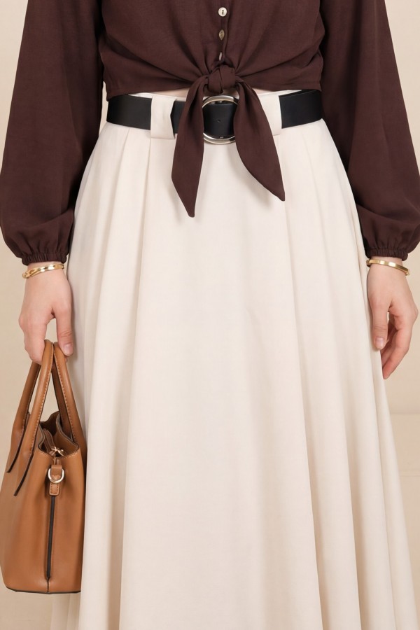 Thick Belted, Pleated Front, Side Pockets, Zippered Twill Skirt - Beige