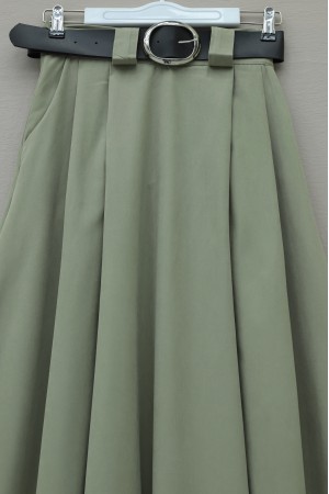 Kalın Kemerli Önü Pileli Yan Cepli Fermuarlı Tivil Etek -Haki