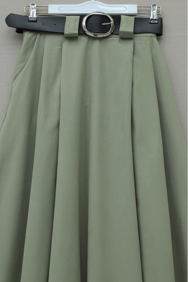 Thick Belted, Pleated Front, Side Pockets, Zippered Twill Skirt -Khaki