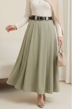 Kalın Kemerli Önü Pileli Yan Cepli Fermuarlı Tivil Etek -Haki