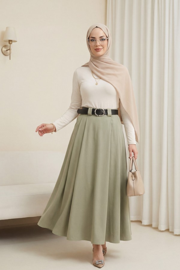 Thick Belted, Pleated Front, Side Pockets, Zippered Twill Skirt -Khaki