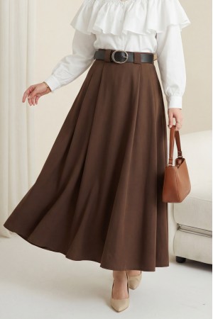 Kalın Kemerli Önü Pileli Yan Cepli Fermuarlı Tivil Etek -Kahve