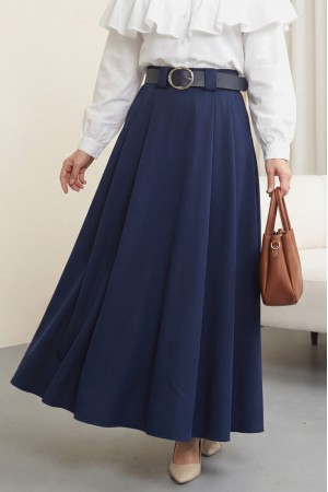 Kalın Kemerli Önü Pileli Yan Cepli Fermuarlı Tivil Etek -Laci