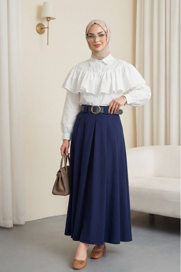 Thick Belted, Pleated Front, Side Pockets, Zippered Twill Skirt -Navy blue