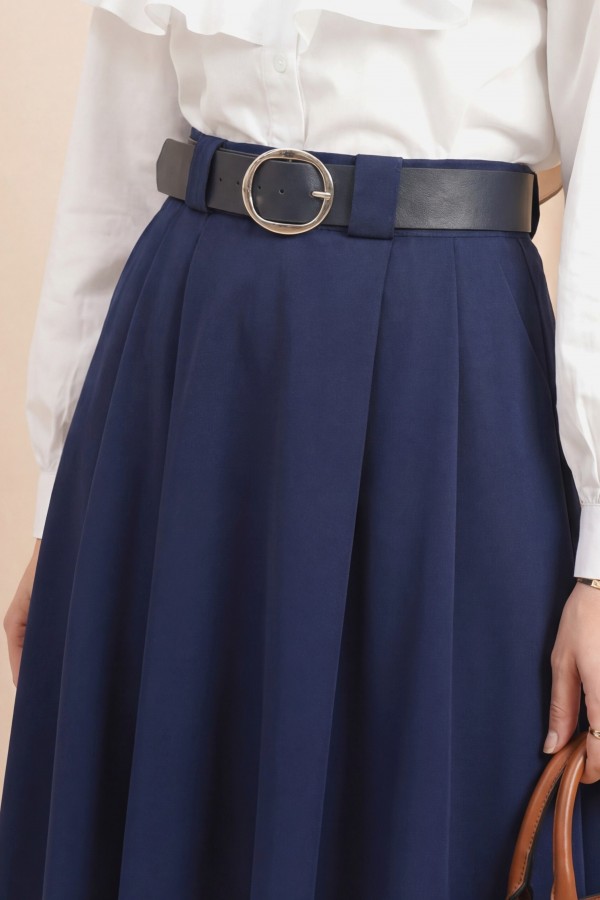Thick Belted, Pleated Front, Side Pockets, Zippered Twill Skirt -Navy blue