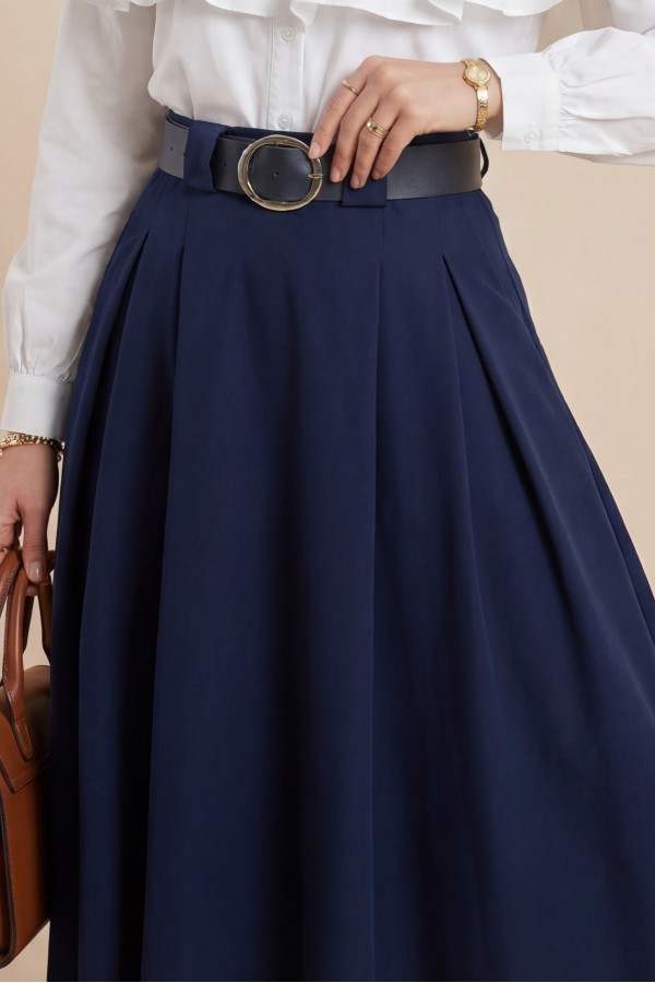 Thick Belted, Pleated Front, Side Pockets, Zippered Twill Skirt -Navy blue