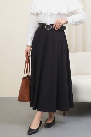 Kalın Kemerli Önü Pileli Yan Cepli Fermuarlı Tivil Etek -Siyah