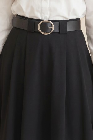 Kalın Kemerli Önü Pileli Yan Cepli Fermuarlı Tivil Etek -Siyah