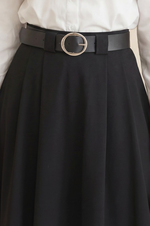 Thick Belted, Pleated Front, Side Pockets, Zippered Twill Skirt -Black