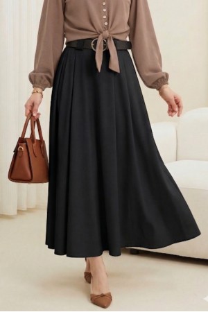 Kalın Kemerli Önü Pileli Yan Cepli Fermuarlı Tivil Etek -Siyah