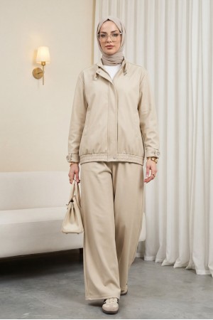 Yakası ve Kol Manşeti Kemerli Ceketli Pileli Bol Paça Pantolonlu Okyanus Takım -Bej