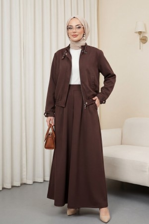 Yakası ve Kol Manşeti Kemerli Ceketli Pileli Bol Paça Pantolonlu Okyanus Takım -Kahve