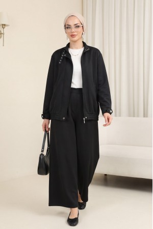 Yakası ve Kol Manşeti Kemerli Ceketli Pileli Bol Paça Pantolonlu Okyanus Takım -Siyah