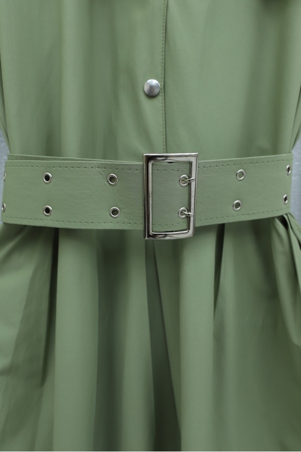 Half-buttoned, collared, side pocket, belted cotton satin dress. -Cagla Green