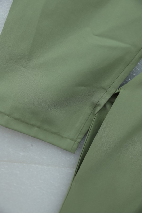 Half-buttoned, collared, side pocket, belted cotton satin dress. -Cagla Green