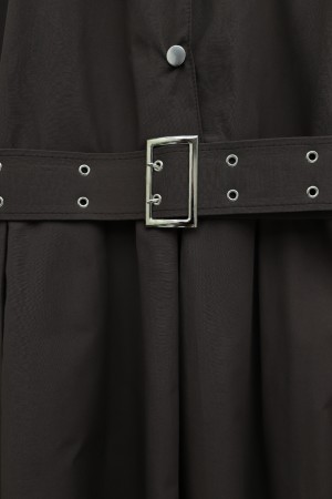 Half-buttoned, collared, side pocket, belted cotton satin dress. -Brown