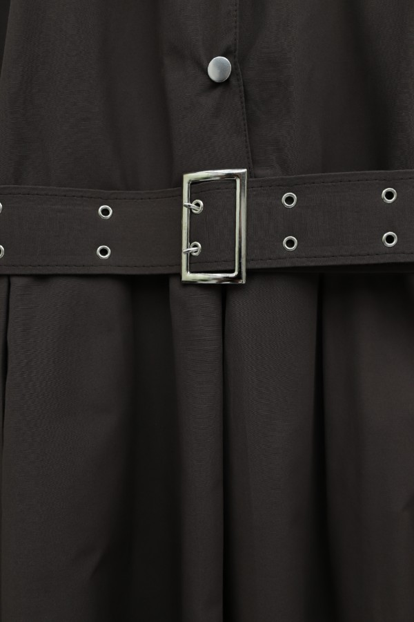 Half-buttoned, collared, side pocket, belted cotton satin dress. -Brown