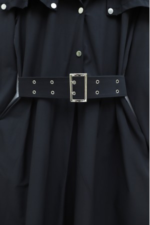 Yarım Düğmeli Yakalı Yan Cepli Kemerli Pamuk Saten Elbise  -Siyah