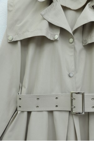 Yarım Düğmeli Yakalı Yan Cepli Kemerli Pamuk Saten Elbise  -Taş