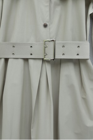 Yarım Düğmeli Yakalı Yan Cepli Kemerli Pamuk Saten Elbise  -Taş