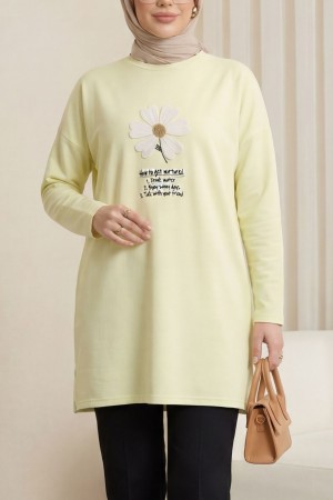 Önü Çiçek Nakışlı Bisiklet Yaka Penye Tunik -Açık Sarı