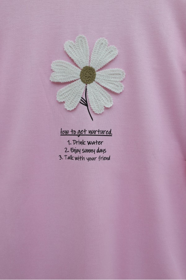 Önü Çiçek Nakışlı Bisiklet Yaka Penye Tunik -Pembe