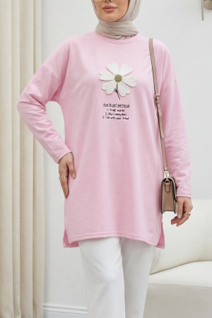 Önü Çiçek Nakışlı Bisiklet Yaka Penye Tunik -Pembe