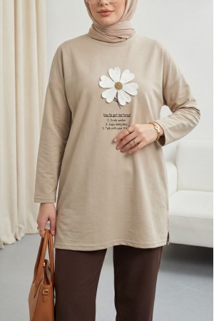 Önü Çiçek Nakışlı Bisiklet Yaka Penye Tunik -Vizon