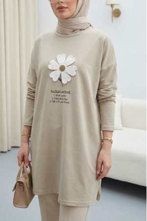 Önü Çiçek Nakışlı Bisiklet Yaka Penye Tunik -Vizon