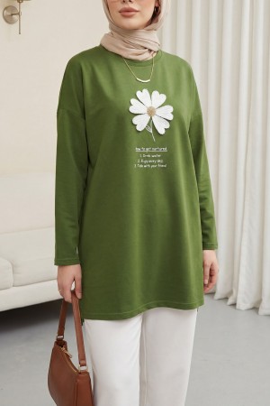 Önü Çiçek Nakışlı Bisiklet Yaka Penye Tunik -Yeşil