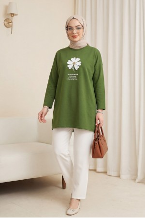 Önü Çiçek Nakışlı Bisiklet Yaka Penye Tunik -Yeşil